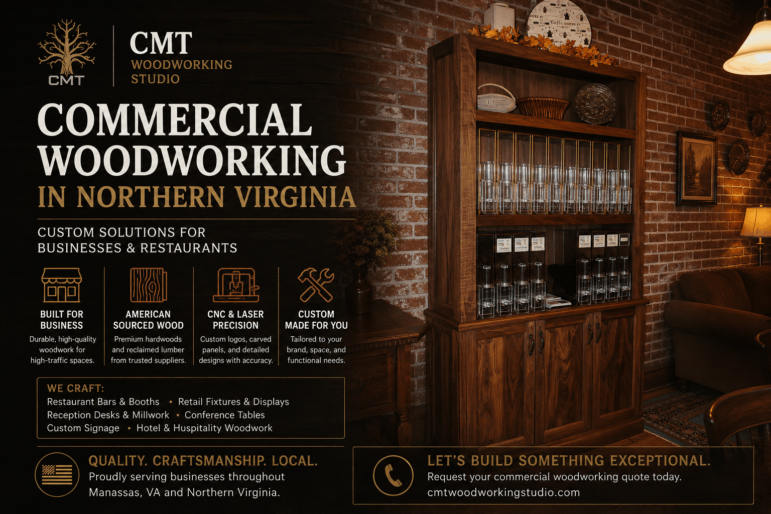 Commercial woodworking project in Northern Virginia featuring custom business interiors and millwork