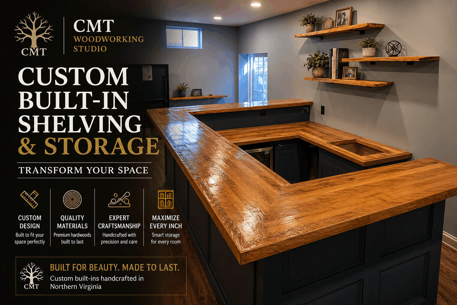 Custom built-in shelving and storage solution designed for a Northern Virginia home